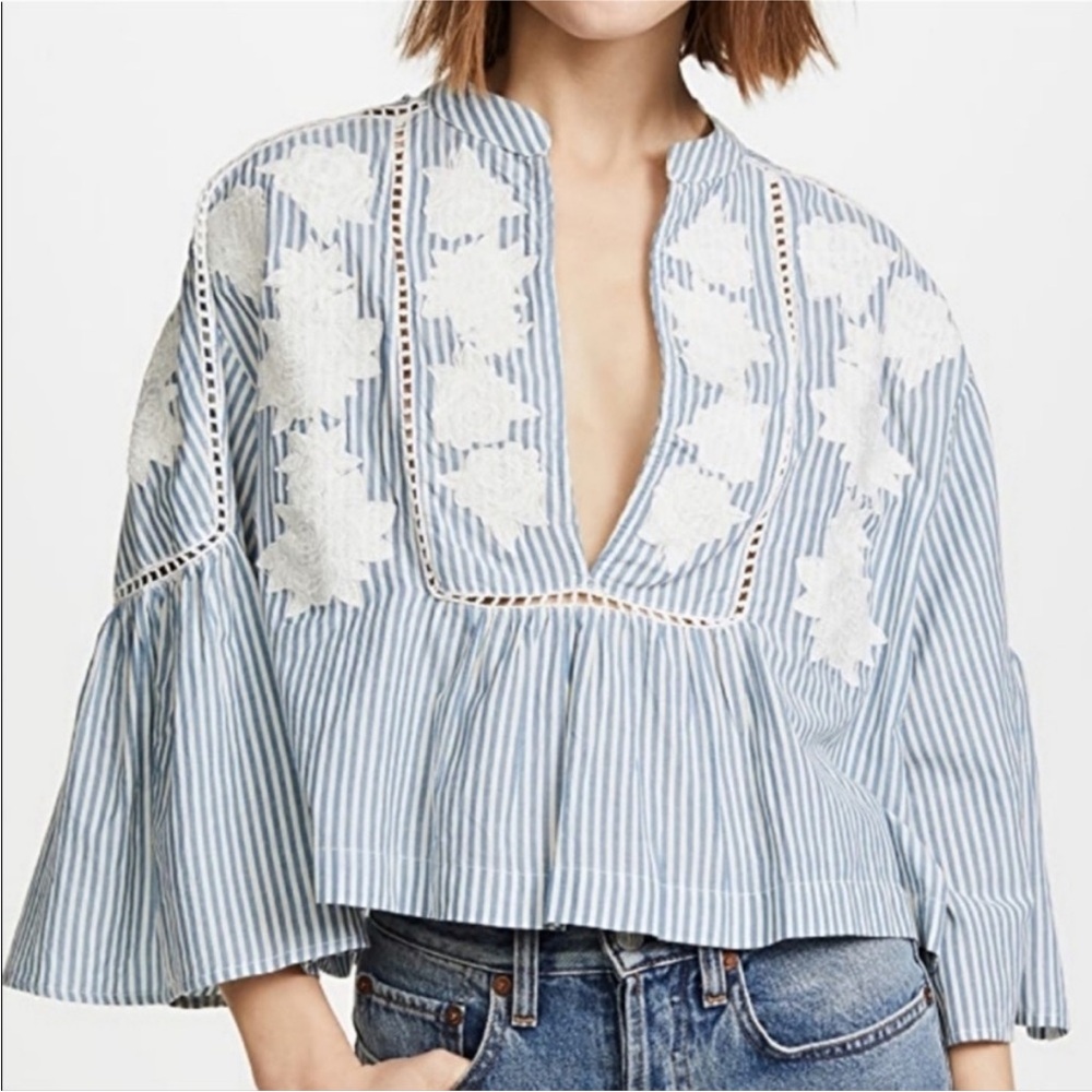 Free People Light Blue & White Striped Embroidered Peasant Top